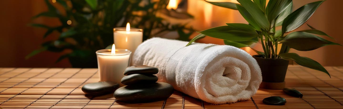 health spa with candles, plants, rolled up towl and flat black stones